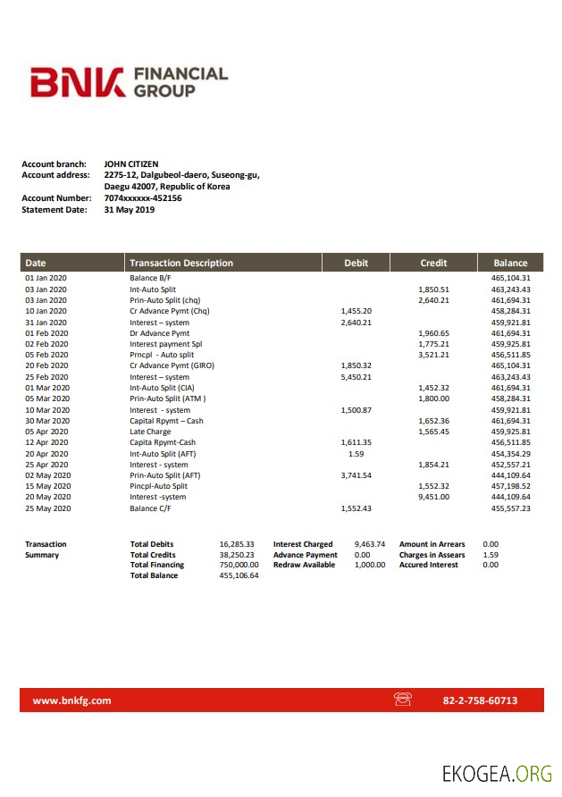 Modèle de relevé bancaire BNK Corée du Sud, format Word et PDF (.doc et .pdf)